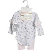 Wholesale - Pink/Floral Long Sleeve Bodysuit with Ruffles, Pants, and 3PK Headband Baby Apparel Set Shabby Chic C/P 48, UPC: 195010104999